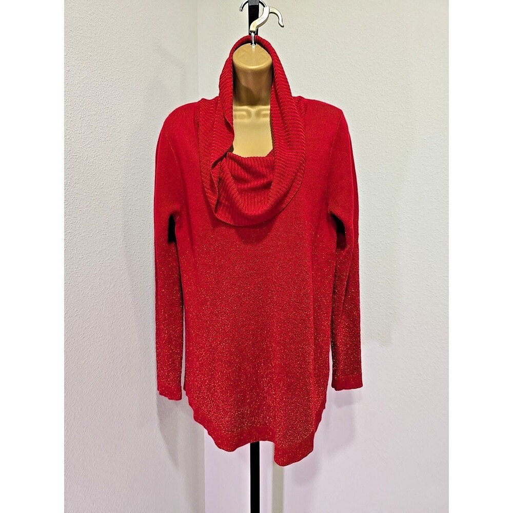 Red Metallic Fleck Cowl Sweater Womens Sz Petite L Party Office Career Business